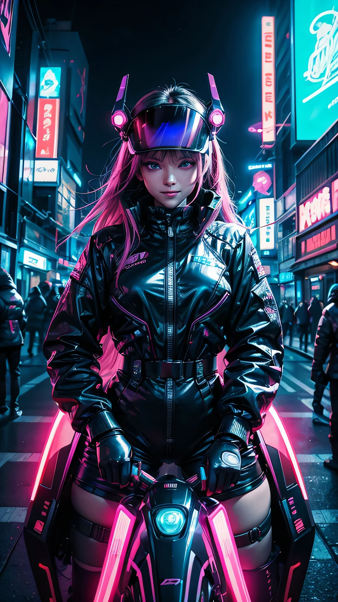 Against the backdrop of a neon-lit cyberpunk cityscape, the camera zooms in on a cute anime woman leaning against a futuristic hoverbike, her vibrant hair catching the flickering lights of passing holographic advertisements. With a mischievous grin, she adjusts her sleek visor, ready to race through the neon-lit streets with unrivaled skill and style.
