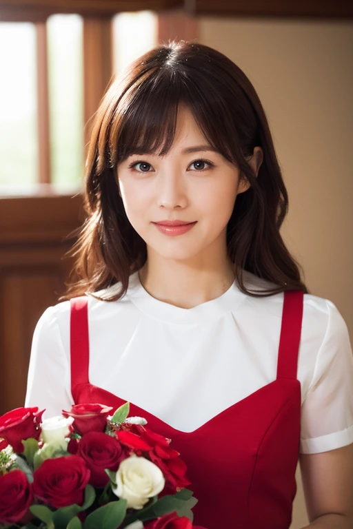 Medium view, medium shot, Depth of bounds written, bust, Upper body, cinematic angle, masterpiece, highest quality, Super detailed, cg, 8k wallpaper, beautiful face, delicate eyes, maiden, alone, smile, bangs, skirt, shirt, have, Crimson dress, bow, petal, bouquet