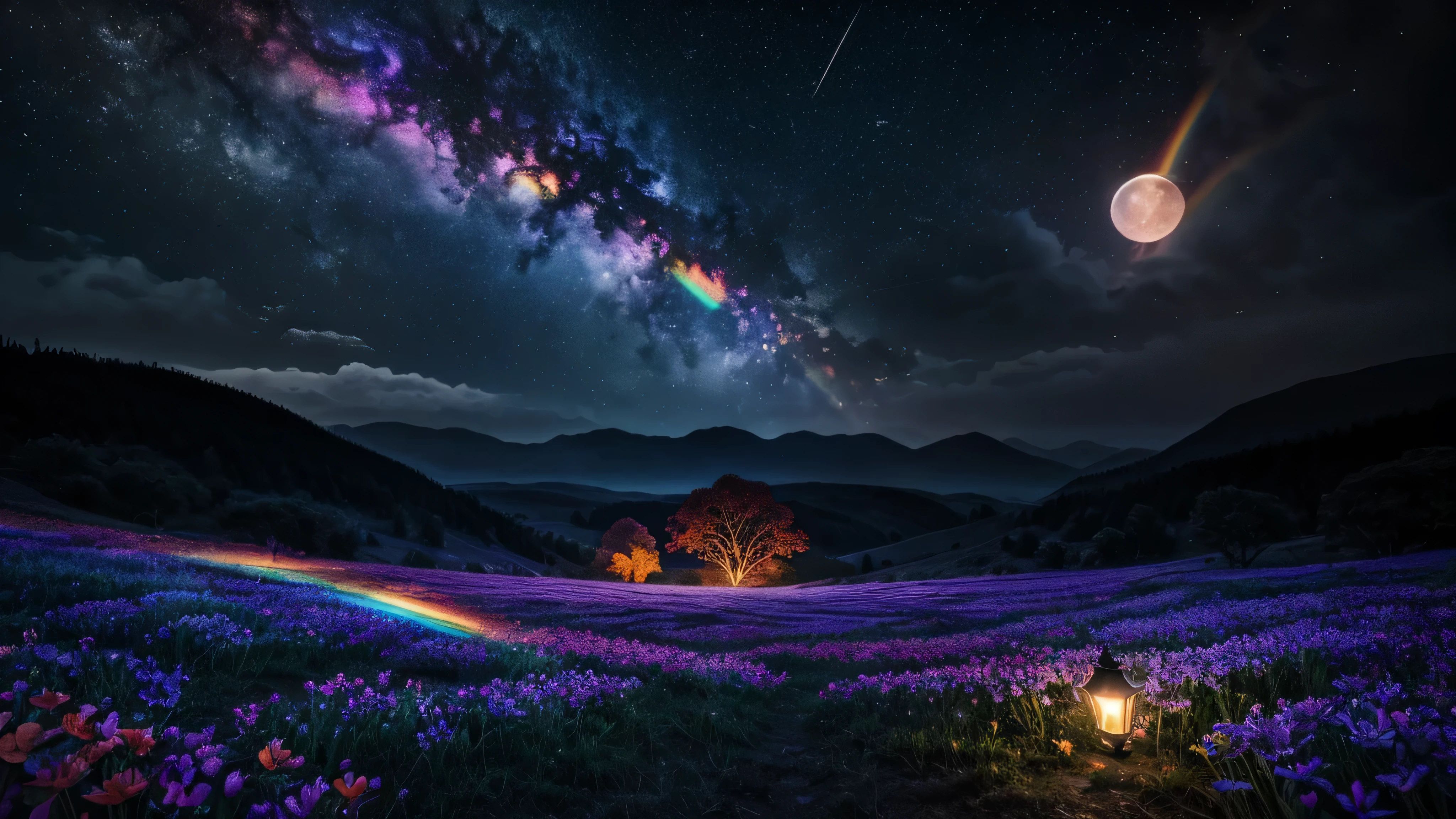 Vast landscape photography, (View from below。The sky and wilderness below。), Standing in a flower garden and looking up, (full moon: 1.2), (shooting star: 0.9), (nebula: 1.3), Distant Mountain, Treebreak Production Art, (Warm light source: 1.2), (fire Fly: 1.2), lamp, Purple and Orange, Intricate details, Volumetric lighting, Realism Break (masterpiece: 1.2) (highest quality), 4K, Very detailed, (moving composition: 1.4), Extremely detailed and colorful, (Rainbow-colored: 1.2), (Shining Lights, Atmospheric lighting), dream-like, Magic, (alone: 1.2)