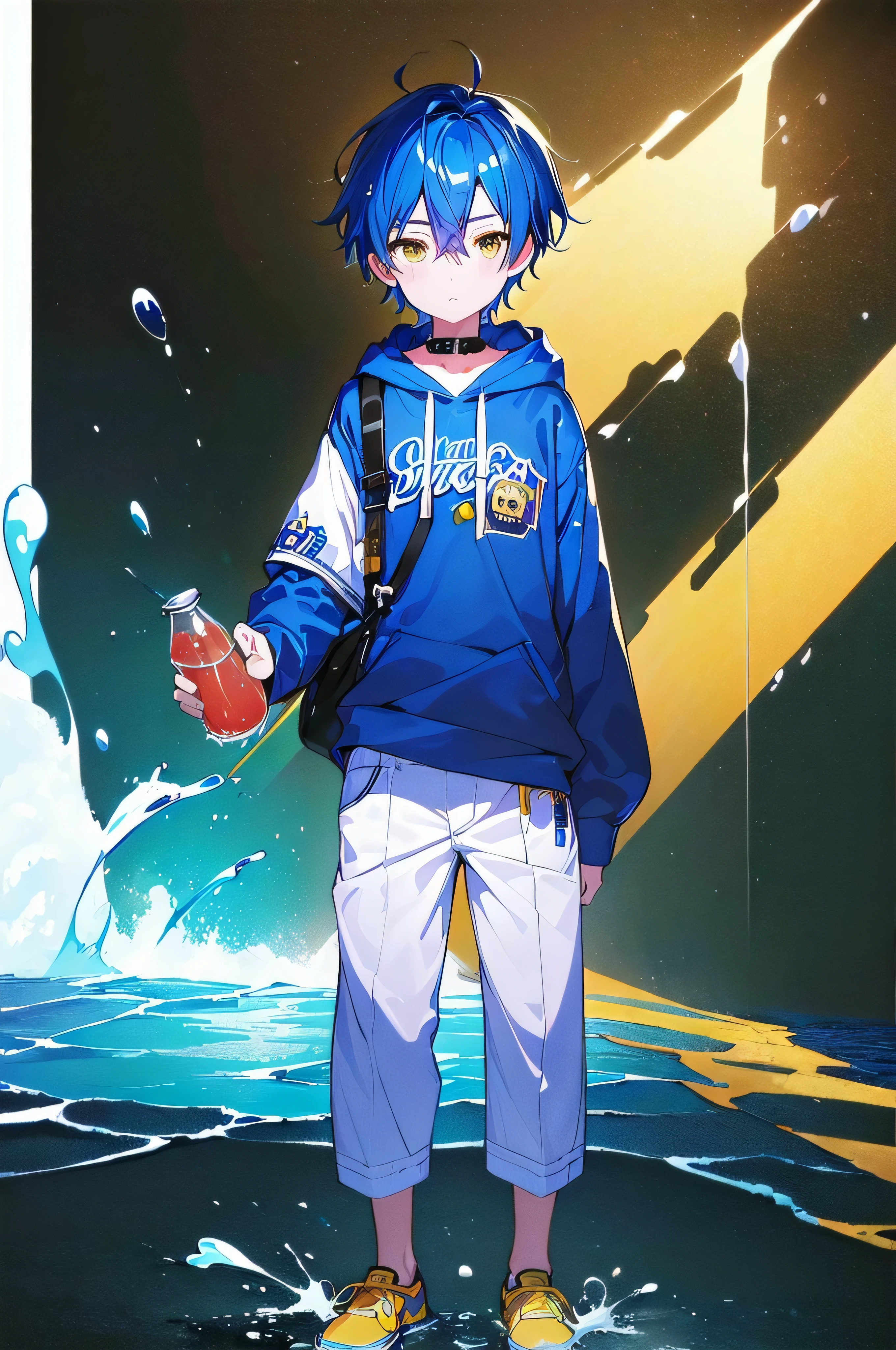 [(GALAXY BACKGROUND:1.5),::5], ((((masterpiece)))), high quality, very_high_resolution, large_filesize, full color, ((younger boy)), 13 old year, short deepblue hair, vivid color, ((yellow eye)), civilian clothes white, animestyle, (Soda Splash effect:1.3)