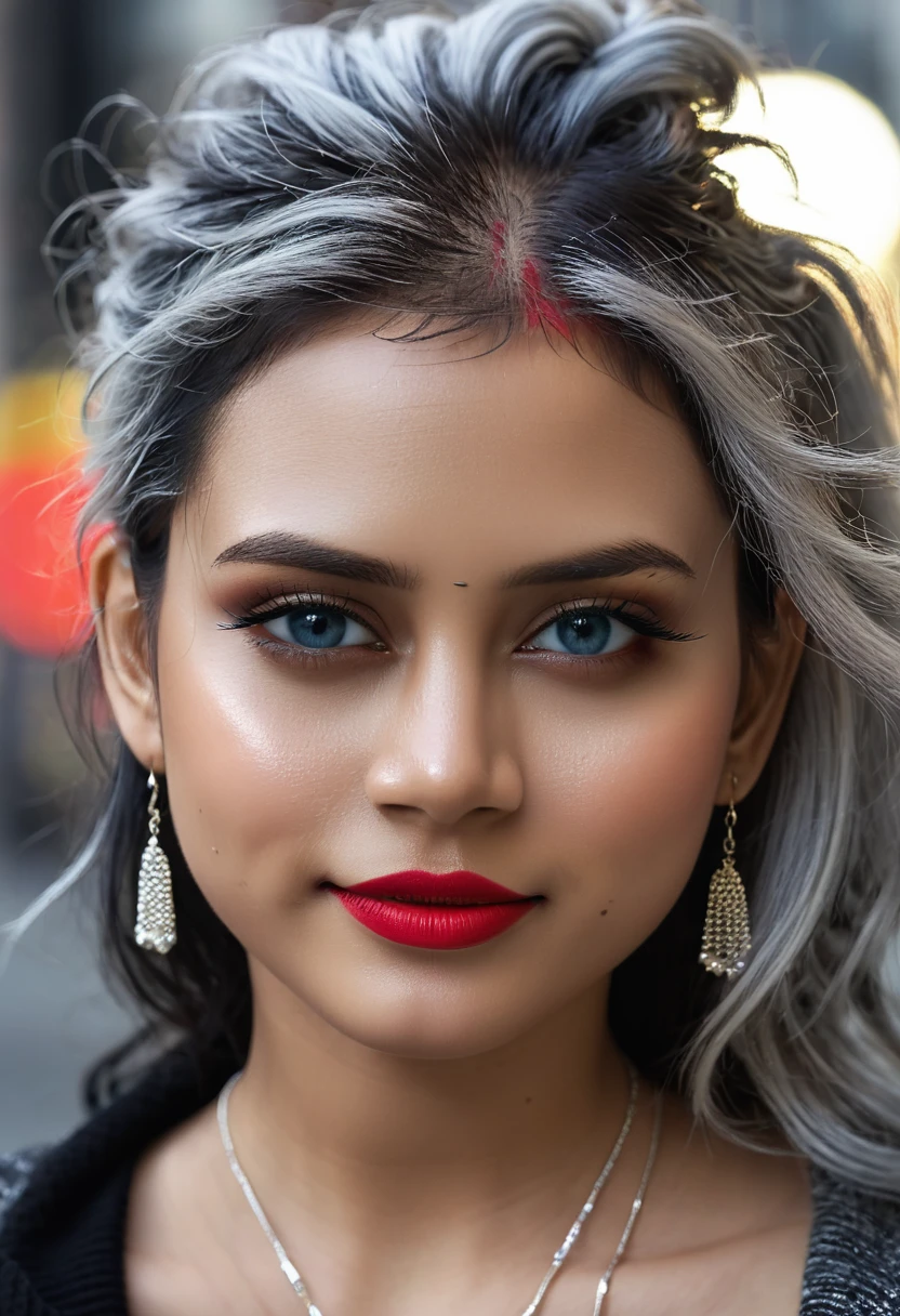 Urban beautiful girl college student, masterpiece, light makeup, red lips, silver hair, messy long hair, street background, beautiful, elegant. super fine details, master works, authentic texture, cinematic lighting realism, perfect job, 16K, hd, exquisite features,blue eyes、japanese idol、Beautiful Face、cute smile、brown hair、beautiful hair、ponytail、glamorous、 big breasts、erect nipples、Oily muscle、shiny skin、tanned skin、Black glowing skin、Sexy knitted sweaters, bright big eyes, smooth skin, earrings, necklace, tattoo