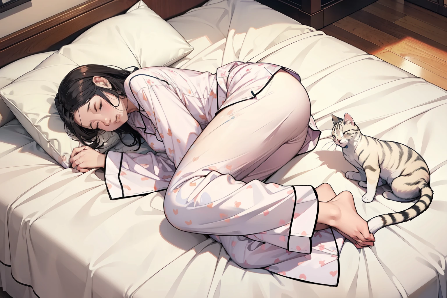 Woman sleeping in bed１people、Sleeping cat１Animals、(((woman is wearing pajamas)))、The cat is lying down、Anatomically accurate body depiction、(((A woman&#39;s body and a cat&#39;s body do not overlap))、{{masterpiece、highest quality、(((Realistic、Realistic:1.37)))、8K quality、Very delicate and beautiful、wonderful、Large file size、Very detailed、Very detailed、Cinema Lighting}}