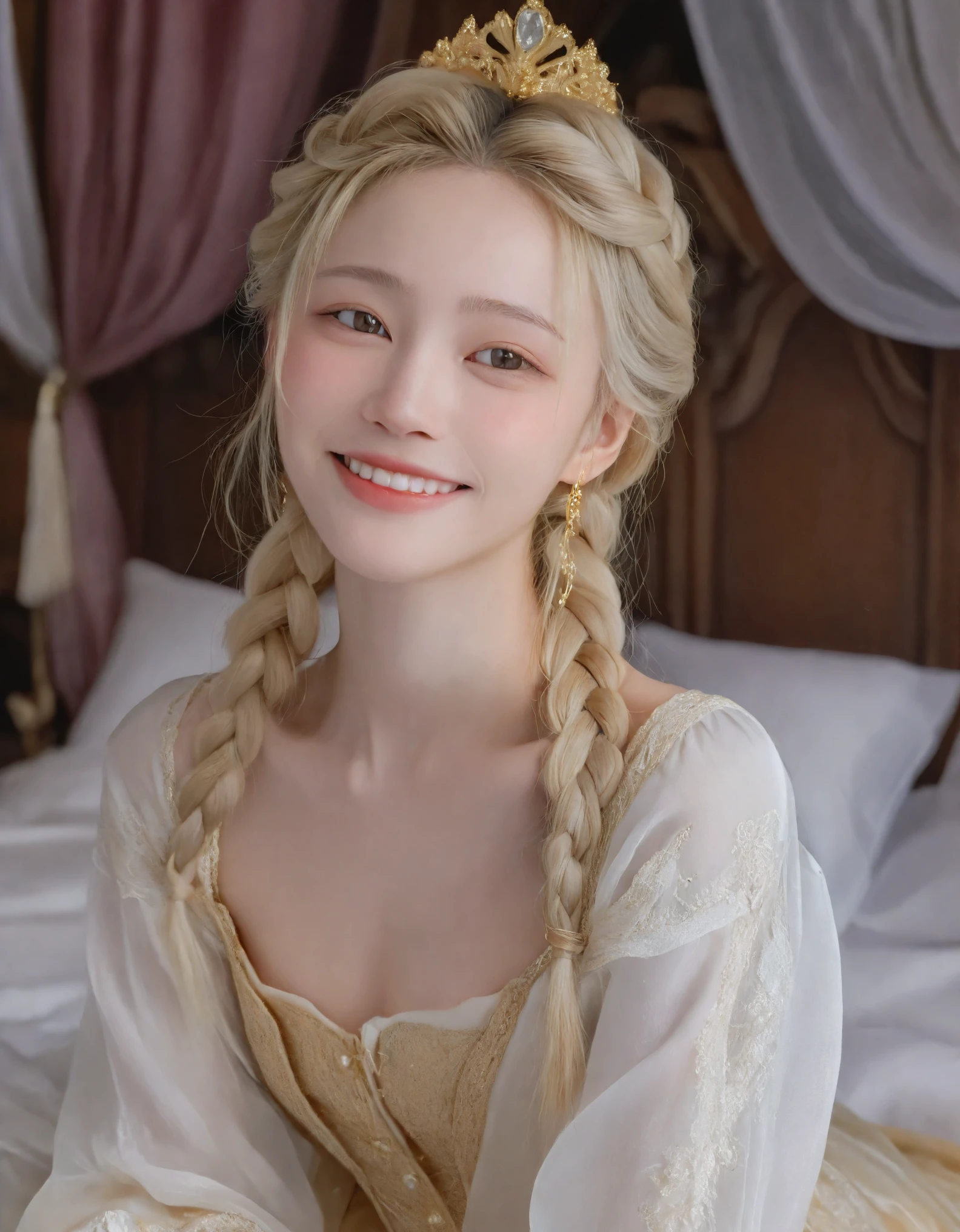 A full-body shot of a 25-year-old princess from a North European royal family, portrayed as pretty and sexy. She has fair blonde hair in a French braided style, with a skinny and lanky build, standing tall. Her breasts are large and natural, with detailed skin texture and cleavage. Her iris and pupil are also detailed, and she has a textured, pale porcelain skin with nose blush and freckles. The princess is wearing delicate haute-couture lace loungewear made of transparent gold silk, featuring a large open bosom and detailed embroidery with golden threads. The clothes are bottomless, and she looks at the viewer with a mystical and sensual atmosphere, showing a tearful and sensually opened mouth with a smile that reveals her upper teeth. The scene is realistic and intricate, with a blurred background of a royal luxurious bedroom in a castle, decorated in traditional rococo style with gold, columns with gleaming ornate heads, and the princess is seen kissing a maiden deeply and urinating on the bed sheets. The image is captured with a Hasselblad X1D 50c camera, Hasselblad XCD 90 mm f/3.2 lens, with an aperture of f/2.8 and ISO set at 100.