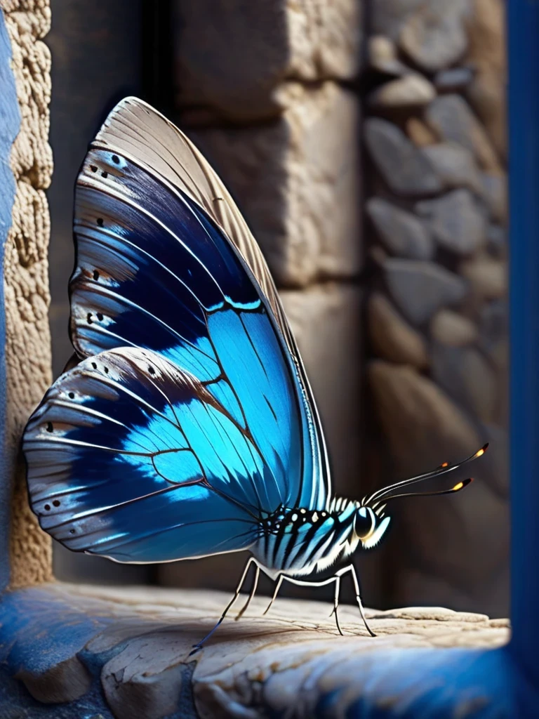 Close-up of a blue butterfly outside a rectangular stone window ，Butterfly，Flying，Confined to a small space，blue ，wallpaper ，infp little butterfly