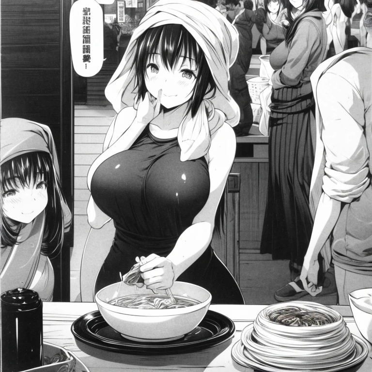 A woman with a towel wrapped around her head eating cold noodles at a food stall　Tight clothing　highest quality　Huge bowls of cold noodles lined up on the table　Full Color
