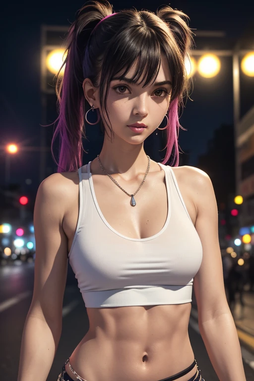 (best quality,4k,highres,ultra-detailed,realistic:1.2), a skinny girl with small ,messy hair with a pigtail , thin body , flat abs, flat chest, fitted white tank top, earrings , necklace bracelets out in the street at night, neon lights and advertising, close-up portrait