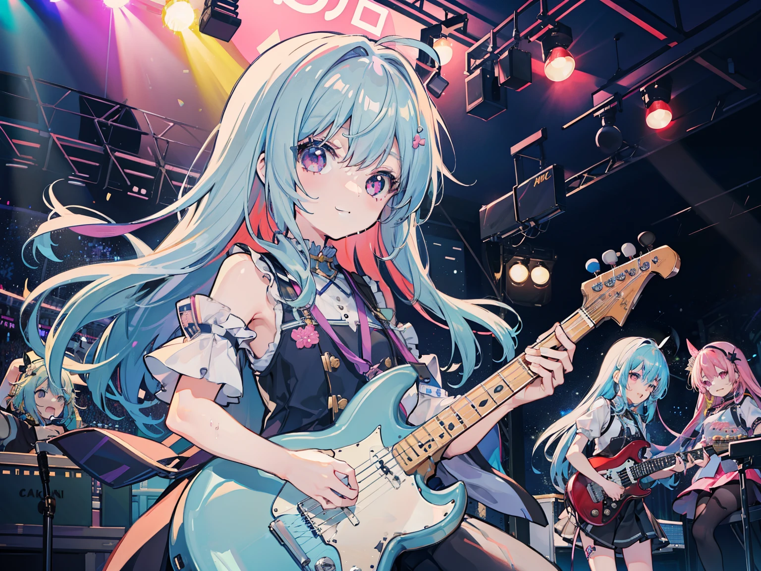 Tabletop,Very detailed,1 girl,alone、very cute、Cute expression、live、軽musicバンド、Drummer Girl、Guitarist girl、Bassist girl、liveステージ、A little bit of sweat、Spotlight、カワフルなSpotlight、Side view of the stage、最高のlive、Particles of light、Fine details、Depth of written boundary、High resolution、High quality、sing、music、A flurry of musical note motifs、The notes come out、music、楽しいlive、liveハウス、The best smile、Girls with unique personalities、Colorful Hair、Multicolored Hair、Four Girls、Performance