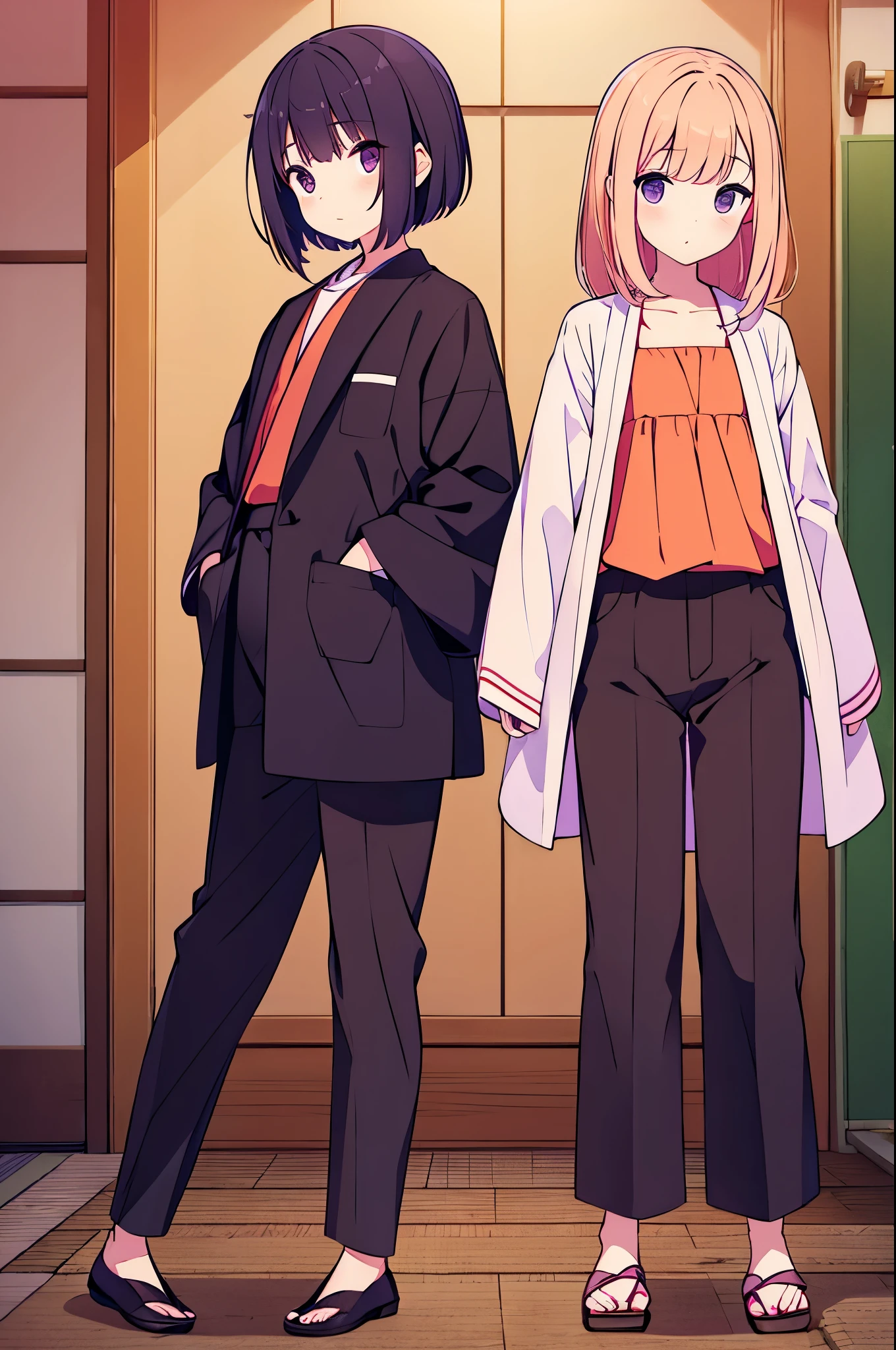 El personaje femenino de la izquierda lleva un traje oscuro morado con chaqueta y pantalones, una camisa blanca y una corbata roja. Her hair is also purple., y tiene los ojos cerrados. He seems quite tall compared to the character on the right.
The character on the right is significantly shorter, con largo cabello naranja atado con un lazo rojo. This character is dressed in a typical Japanese , que consiste en una camisa rosa de manga corta con un cuello al estilo marinero y una falda plisada azul marino. Lleva calcetines blancos hasta la rodilla.
Both characters are standing with their arms at their sides, and it looks like they are positioned as if they are posing for a photo.