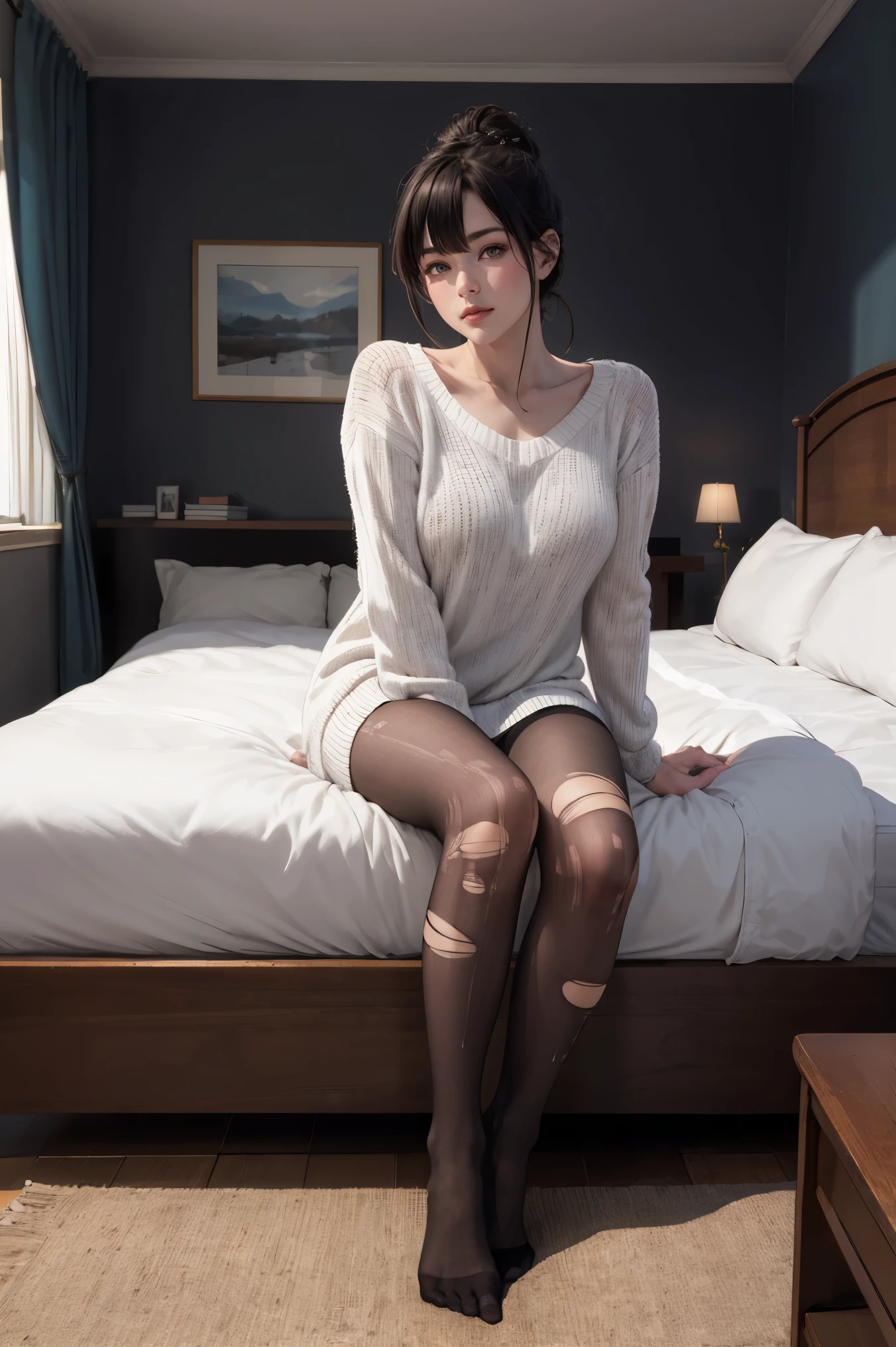 masterpiece, best quality, Practical, 8k, official art, Movie Lighting, Ultra-high resolution, 1 Girl, White sweater dress, torn pantyhose, sitting, on the bed, bedroom, Sunlight, Looking at the audience, 