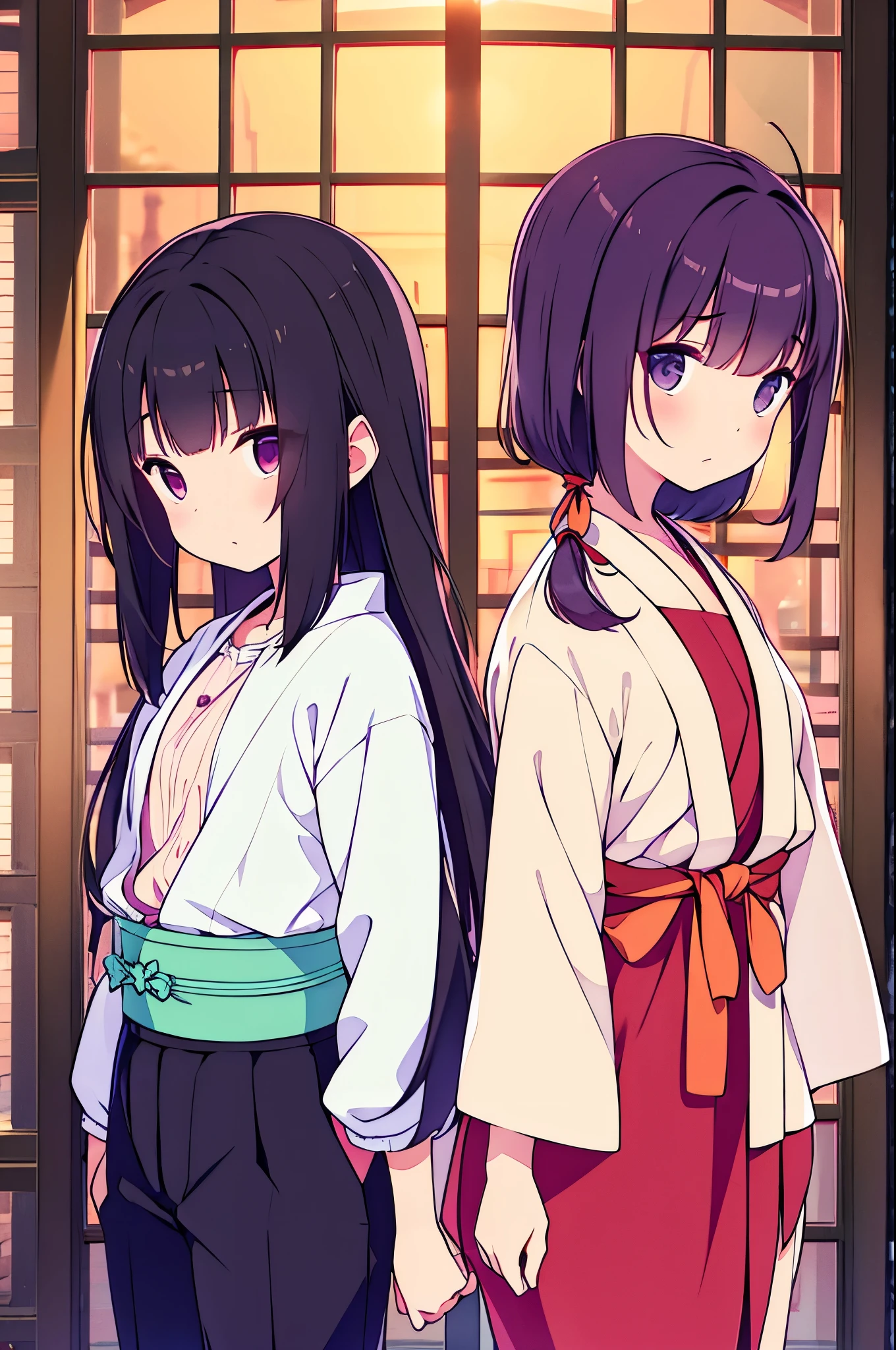El personaje femenino de la izquierda lleva un traje oscuro morado con chaqueta y pantalones, una camisa blanca y una corbata roja. Her hair is also purple., y tiene los ojos cerrados. He seems quite tall compared to the character on the right.
The character on the right is significantly shorter, con largo cabello naranja atado con un lazo rojo. This character is dressed in a typical Japanese , que consiste en una camisa rosa de manga corta con un cuello al estilo marinero y una falda plisada azul marino. Lleva calcetines blancos hasta la rodilla.
Both characters are standing with their arms at their sides, and it looks like they are positioned as if they are posing for a photo.