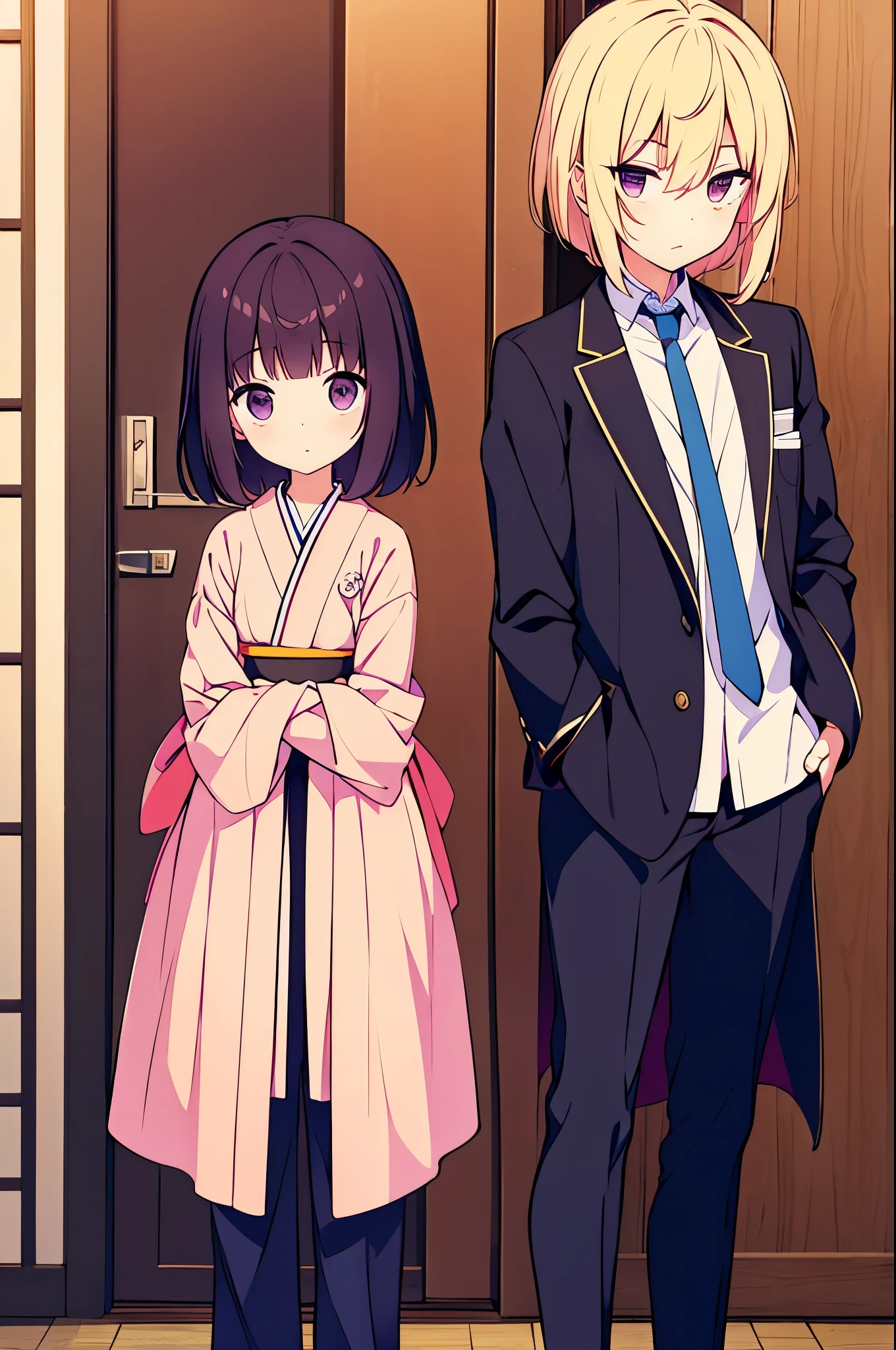 El personaje femenino de la izquierda lleva un traje oscuro morado con chaqueta y pantalones, una camisa blanca y una corbata roja. Her hair is also purple., y tiene los ojos cerrados. He seems quite tall compared to the character on the right.
The character on the right is significantly shorter, con largo cabello naranja atado con un lazo rojo. This character is dressed in a typical Japanese , que consiste en una camisa rosa de manga corta con un cuello al estilo marinero y una falda plisada azul marino. Lleva calcetines blancos hasta la rodilla.
Both characters are standing with their arms at their sides, and it looks like they are positioned as if they are posing for a photo.