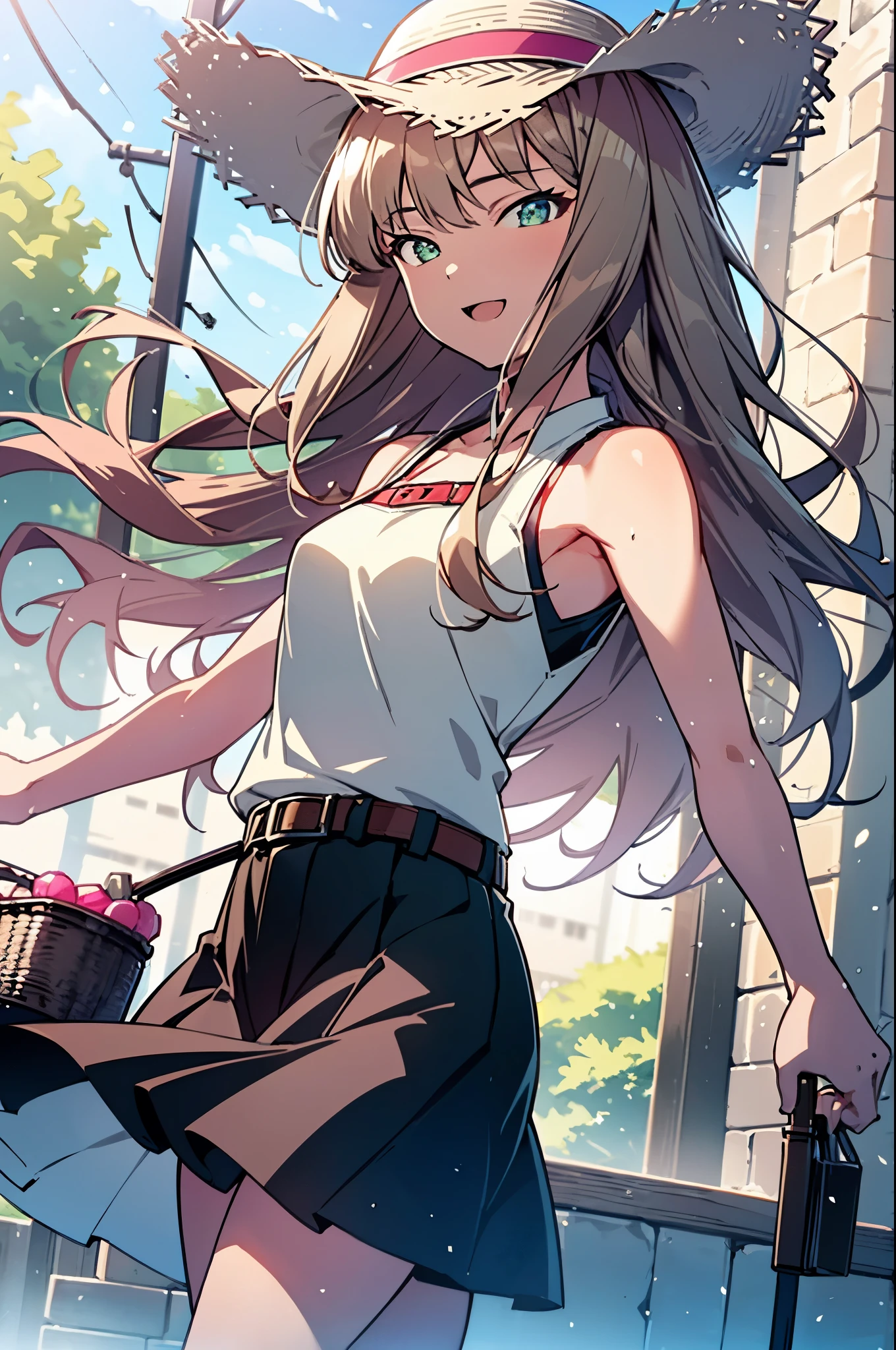 8k,highest quality,masterpiece,The seeds of a southern dream,The seeds of a southern dream　sss Dynazenon,Brown Hair,Long Hair,Green Eyes,Short braided hair,happy smile, smile, Open your mouth,Big straw hat,Sleeveless dress,Bare arms,Long skirt,Cute heeled sandals,Building district,Clear skies,Daytime,(Cowboy Shot:1. 5),(masterpiece:1.2), highest quality, High resolution, unity 8k wallpaper, (shape:0.8), (Beautiful and detailed:1.6), Highly detailed face, Perfect lighting, Highly detailed CG, (Perfect hands, Perfect Anatomy),