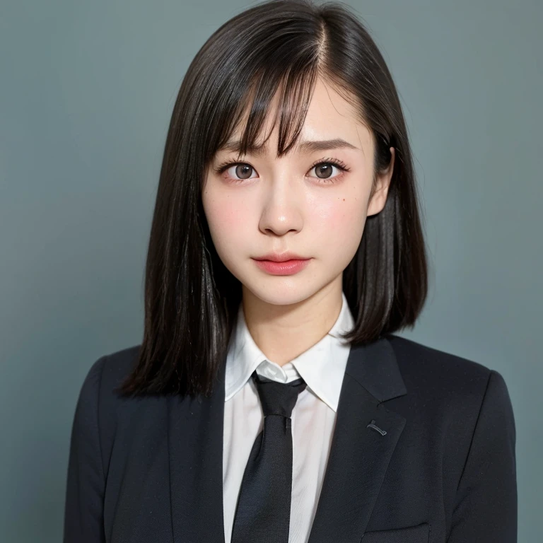 (kawaii 24 year-old Japanese girl, Nogizaka idol, Korean idol), (glossy black hair, short bob, even and symmetric hair design:1.3), (deep black eyes, rounded face, single eyelid, no makeup, serious expression:1.2), (wearing suit jacket, collared shirt, necktie:1.3), (extra small breasts:0.9), (facing straight at camera:1.2), BREAK, (simple blue background, yearbook background:1.3), (portrait, id photo, bust shot, view from straight forward:1.3), (keep enough top margin to avoid the head cropped:1.3), BREAK, (masterpiece, best quality, photo realistic, official art:1.4), (UHD, 8K quality wallpaper, high resolution, raw photo, golden ratio:1.3), (shiny skin), professional lighting, physically based rendering, award winning, (highly detailed skin, extremely detailed face and eyes), Carl Zeiss 85 mm F/1.4, depth of field, 1girl, solo,
