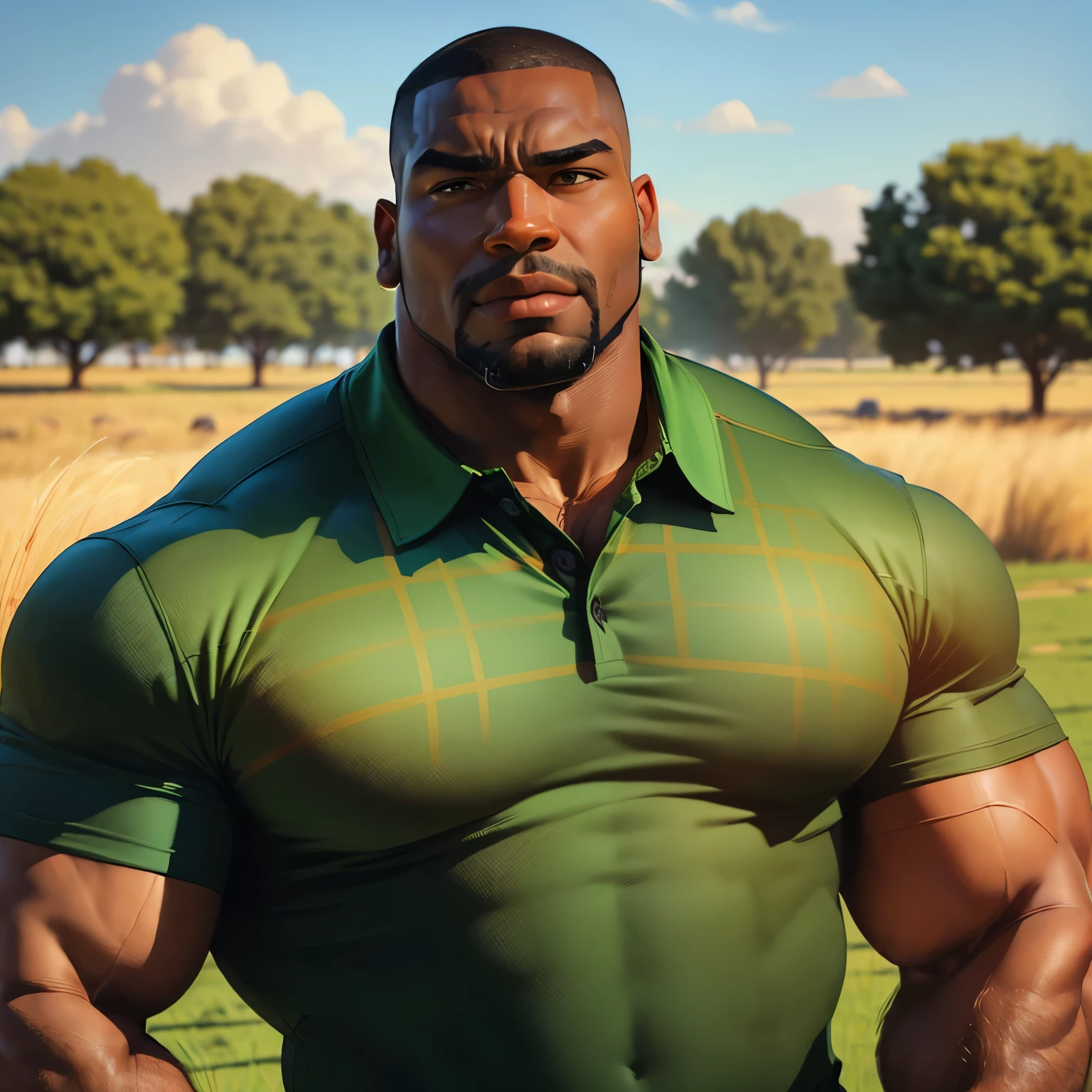 an exaggeratedly muscular and large bodyguard, beefy build, beard, dark-skinned african american male, buzzcut hair with square line, (surprised expression: 1.2), (wearing green sleeveless military top: 1.2), (bara pecs: 1.3), (arm and chest hair: 1.1), close-up portrait HD, (cowboy angle), (outside military base)