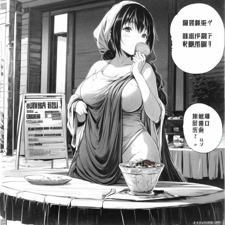 A woman with a towel wrapped around her head eating Indian curry at a food stall　Tight clothing　highest quality　Huge servings of curry lined up on the table　Full Color