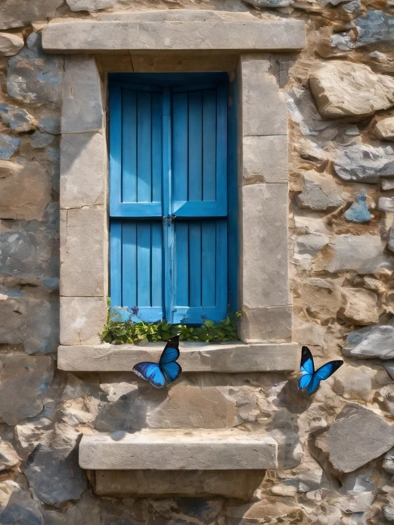 Close-up of a blue butterfly outside a rectangular stone window ，Butterfly，Flying，Confined to a small space，blue ，wallpaper ，infp little butterfly