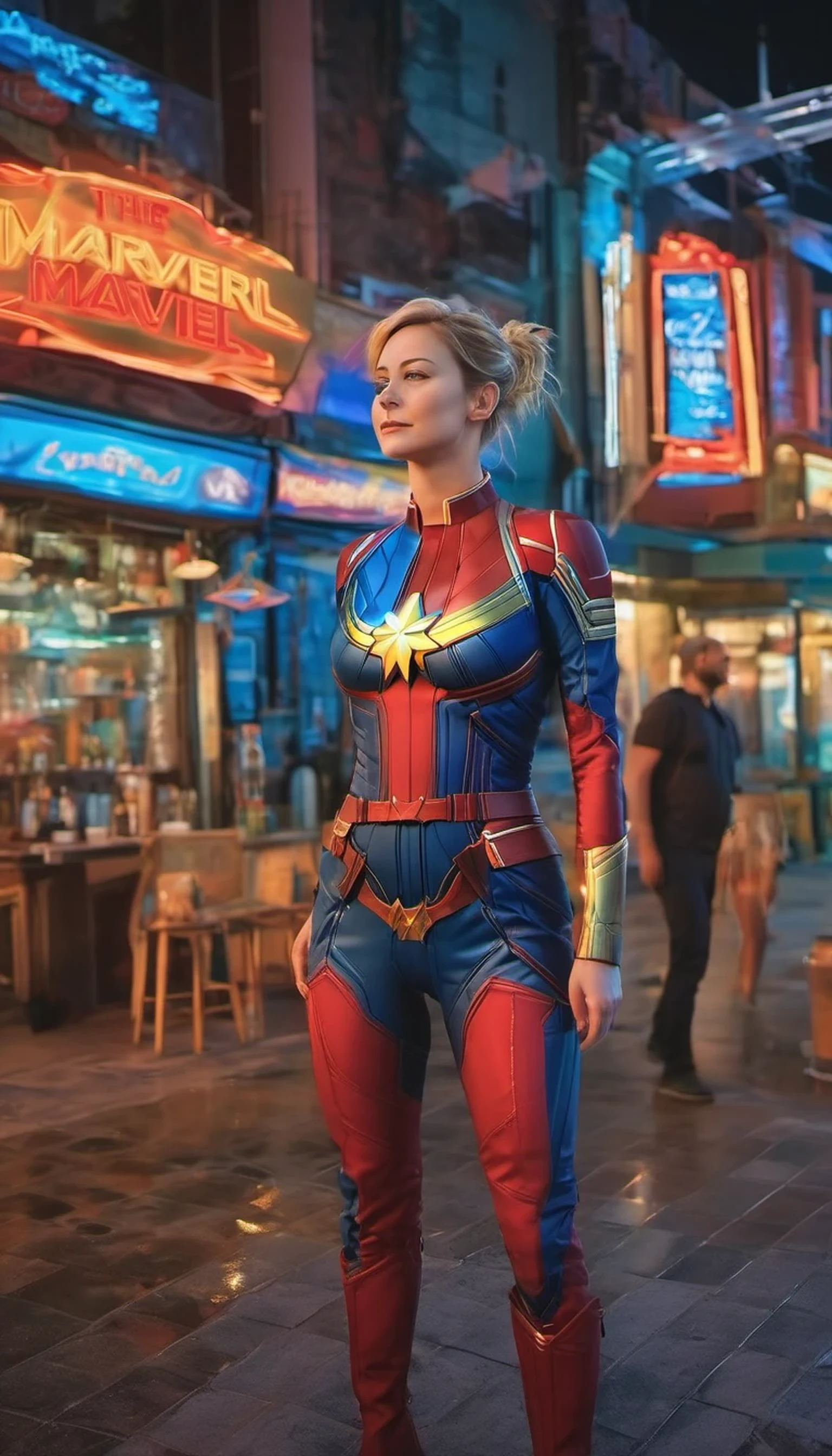 (Highest image quality, realistic depiction),(Body slippery with lotion,sweaty body),a choker,fullnude,(artistic all naked art),Colossal tits,(A beautiful woman expressing Captain Marvel with navy and red body paint,Colossal tits,leg up,),Beautiful neon-lit downtown area with lively nightlife