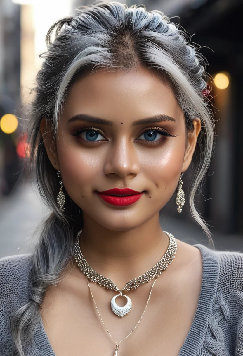 Urban beautiful girl college student, masterpiece, light makeup, red lips, silver hair, messy long hair, street background, beautiful, elegant. super fine details, master works, authentic texture, cinematic lighting realism, perfect job, 16K, hd, exquisite features,blue eyes、japanese idol、Beautiful Face、cute smile、brown hair、beautiful hair、ponytail、glamorous、 big breasts、erect nipples、Oily muscle、shiny skin、tanned skin、Black glowing skin、Sexy knitted sweaters, bright big eyes, smooth skin, earrings, necklace, tattoo