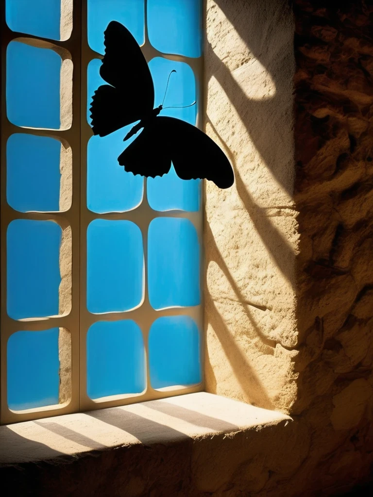 Minimal Art，（Silhouette of a butterfly flying in the air outside the rectangular stone window）， Light and shadow，Minimal Art，Retro,  background, by Ken Elias, National Geographic Photo”, blue mood, , A stunning photo, Blue vibe