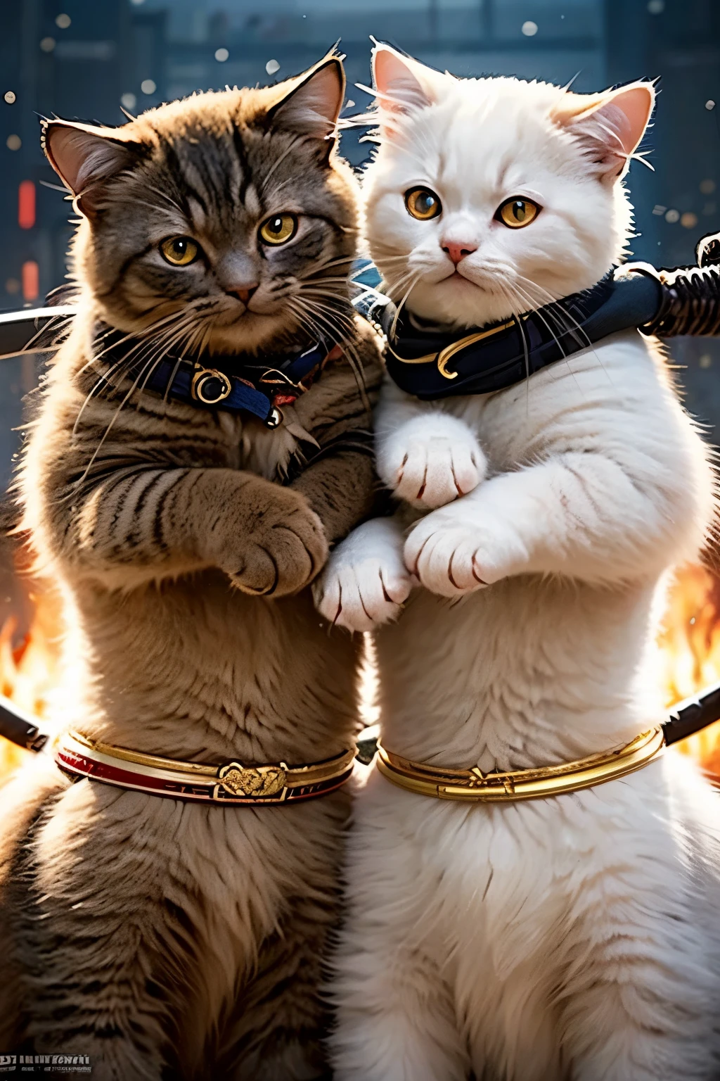 two persian cats, one white and one golden. Epic battle as samurais
