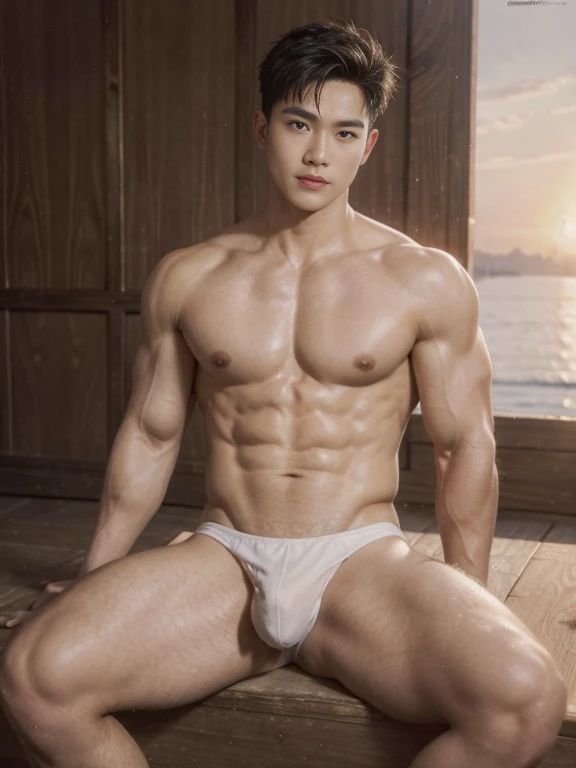 Full body photorealistic masterpiece, best quality, high quality, intricate details, perfect lightings, 1boy, solo, male focus, looking at viewer, a young handsome muscular vietnamese boy, male model, flexing, mischievous, naughty, detailed eyes, detailed face, smooth hair, realistic skin, perfect hands, beige thong, very super bulge, outdoors, sunset, beautiful scenery