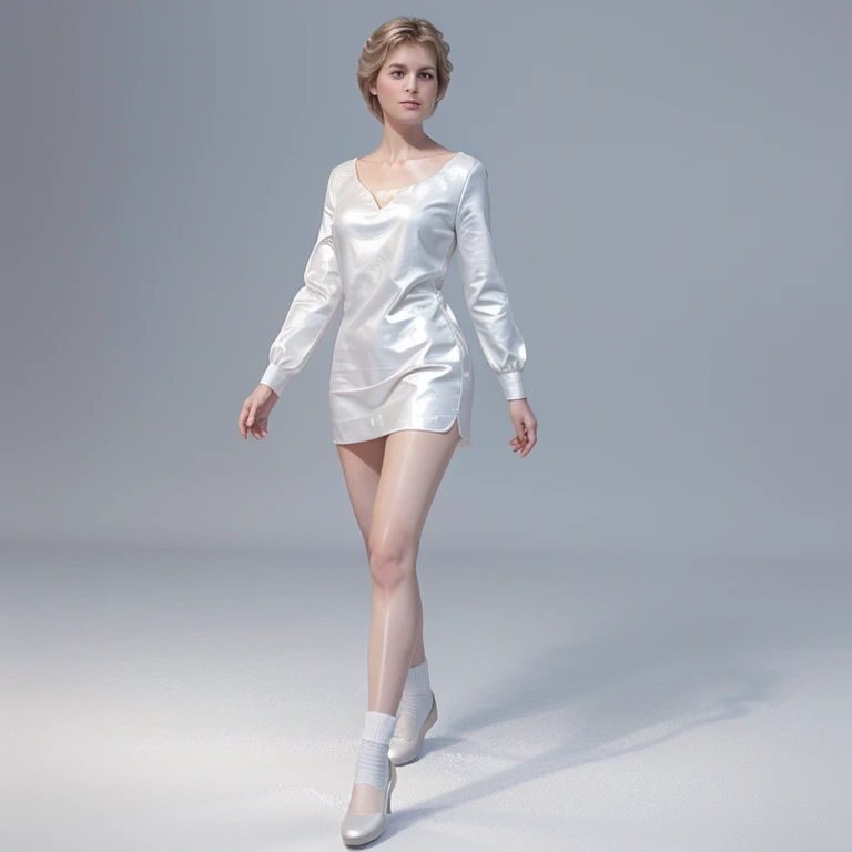 Create realistic 4D image about famous british princess as known as lady diana, wearing white long goun, wearing shinny white shoes, walking pose, solid pearl background, very detailed, hyperrealistic
