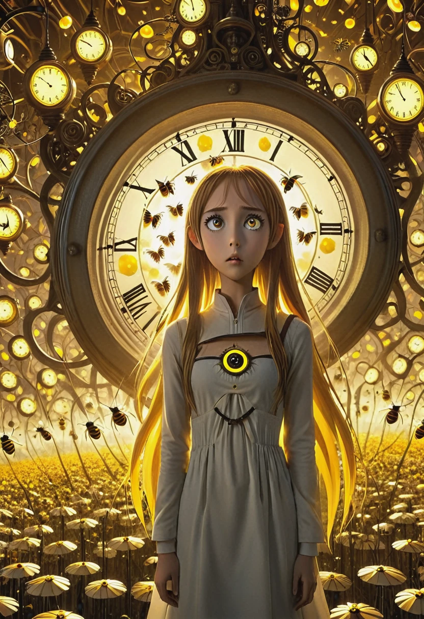 Asuna, With her enormous yellow eyes she looks directly at the viewer with an expression of astonishment when she sees herself surrounded by hundreds of clocks that have an impossible geometry.. Todo con el estilo de Tim Burton, in a kind of surreal dream and with bees with bodies made of electric light bulbs flying through the air.