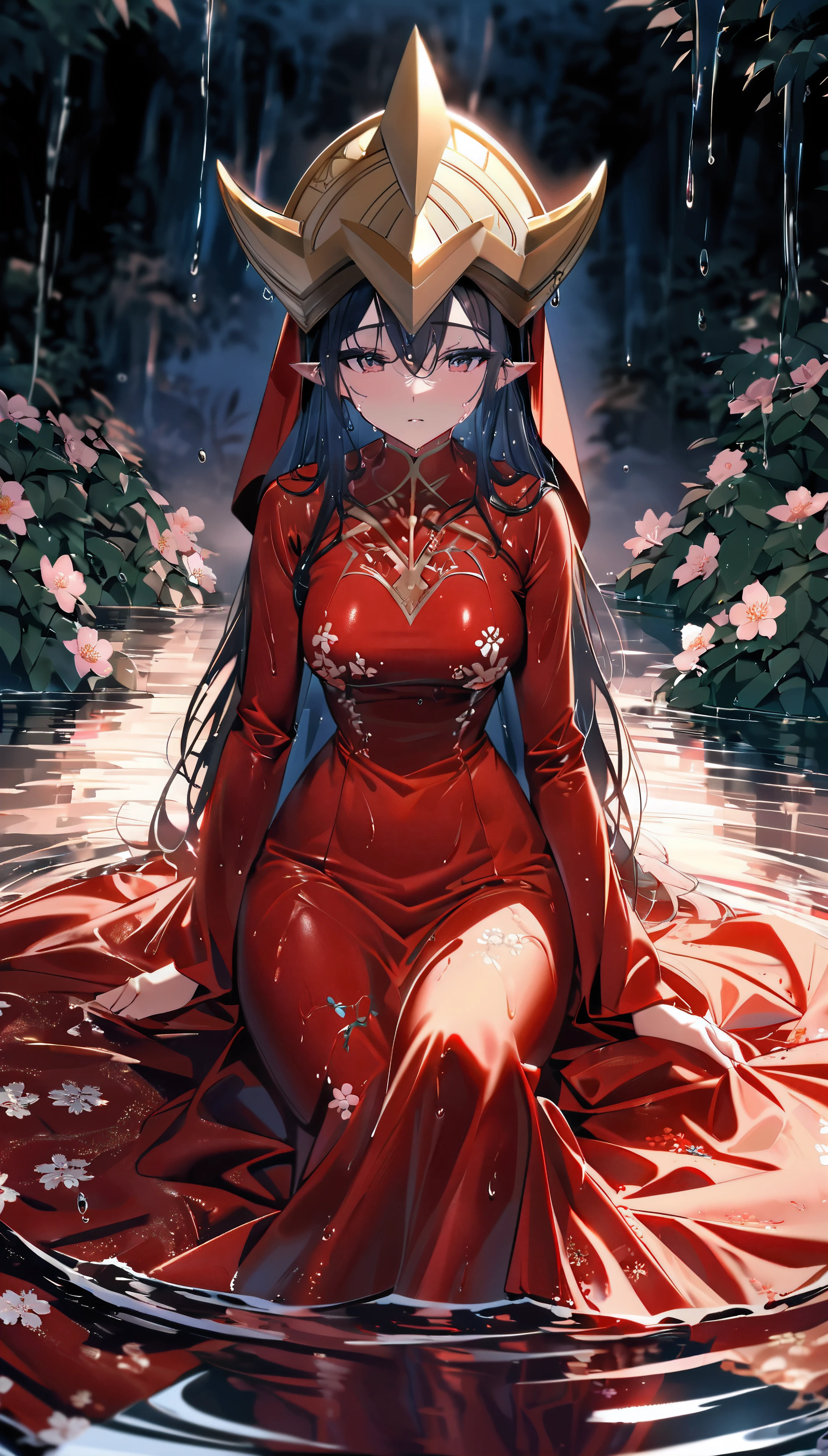 (Lin was dressed in a red dress and phoenix crown, with a red veil over her head. Although she did not have a beautiful appearance, her slender and beautiful figure was enough to prove her beauty), (wet, wet body, wet hair, wet skin, very wet dress, reflection on the wet dress, delicate blossom embroidery, subtle water droplets:1.15), (water spray:1.1), (best dress wrinkle, Transparent mucus wrapping),Lin was surrounded and boarded the Seven Treasure Incense Car, slowly driving towards the Cai family,
The sky became increasingly dim, and the evening breeze blew through the trees, leaving a desolate scene, The sound of festive music in her ears was like a funeral song, and the long road seemed to lead to the underworld