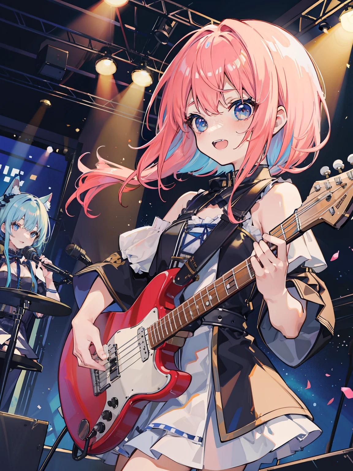 Tabletop,Very detailed,1 girl,alone、very cute、Cute expression、live、軽musicバンド、Drummer Girl、Guitarist girl、Bassist girl、liveステージ、A little bit of sweat、Spotlight、カワフルなSpotlight、Side view of the stage、最高のlive、Particles of light、Fine details、Depth of written boundary、High resolution、High quality、sing、music、A flurry of musical note motifs、The notes come out、music、楽しいlive、liveハウス、The best smile、Girls with unique personalities、Colorful Hair、Multicolored Hair、Four Girls、Performance、Smartphone Wallpaper