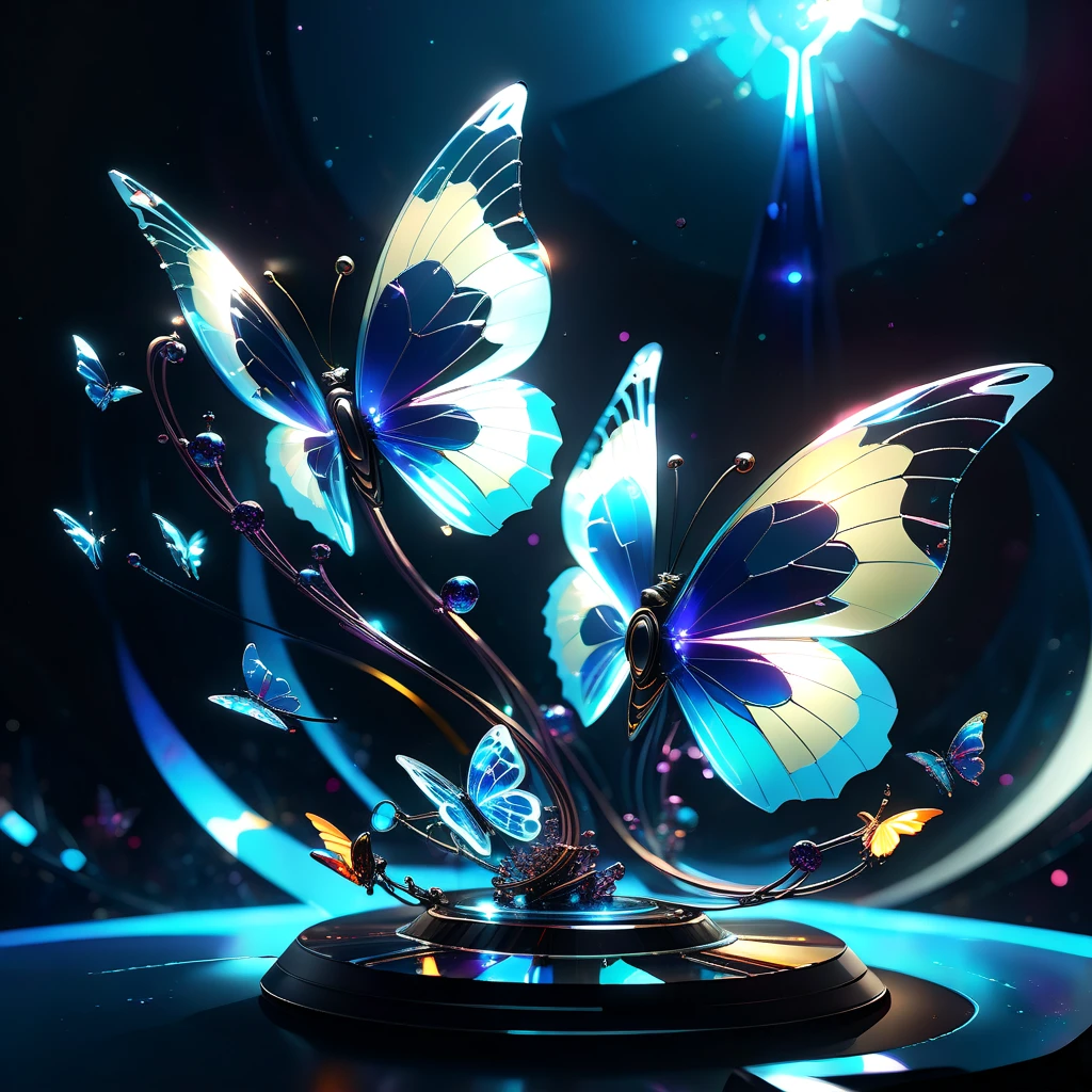 Hyperrealistic octane rendering by Benedick Bana captures glass blue butterflies and convex objects intermingling among fractal planes with multi-colored spirals and metal reflectors, radiating subtle colored light in Miki Asai-inspired macro optics style, outer space with a super highway theme, vanishing point, high-speed feel, trending on ArtStation, ultra HD, vivid colors, digital render, digital painting, influences of Beeple