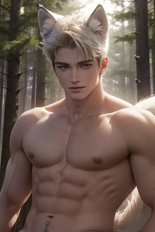 Full Body photorealistic 4k, high resolution, Cody Christian,,best quality, masterpiece, perfect color, perfect shade, perfect lighting, Posted by e621, ((portrait)), ((handsome man)), perfect male figure, Short hair details,Naked and nude torso,Detailed face, perfect face, (stood up), Detailed background, ((Bonifasco Lighting)), (delicate eyes),(animal ears white wolf),((big fluffy tail)),tattoo,((forest)),emaciated. Smiling