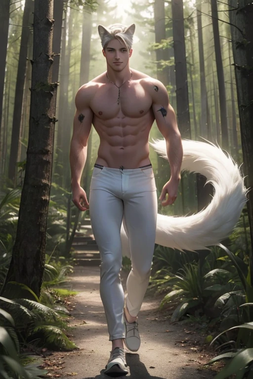 Full Body photorealistic 4k, high resolution, Cody Christian,,best quality, masterpiece, perfect color, perfect shade, perfect lighting, Posted by e621, ((portrait)), ((handsome man)), perfect male figure, Short hair details,Naked and nude torso,Detailed face, perfect face, (stood up), Detailed background, ((Bonifasco Lighting)), (delicate eyes),(animal ears white wolf),((big fluffy tail)),tattoo,((forest)),emaciated. Smiling