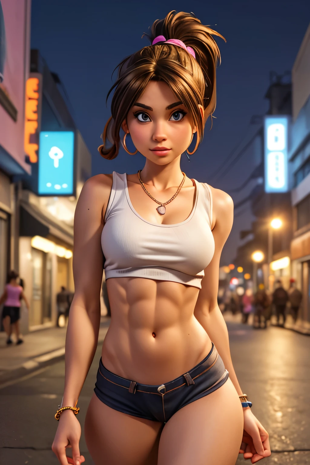 (best quality,4k,highres,ultra-detailed,realistic:1.2), a skinny girl with small breasts,messy  hair with a pigtail ,  thin body , flat abs,  flat chest, fitted white tank top, earrings , necklace  bracelets out in the street at night, neon lights and advertising, close-up portrait 