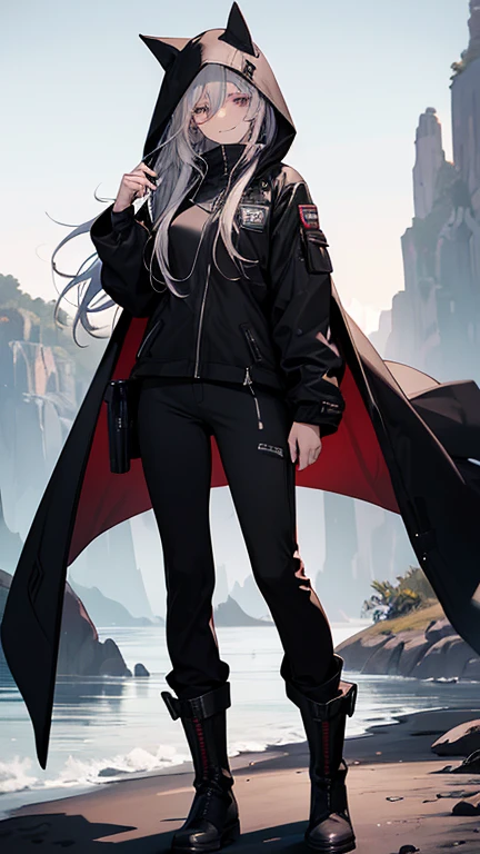 (Confused, High resolution, Very detailed), 1 female, Silver Hair,Long Hair,Reddish brown eyes,boots,Wearing a hood,Black coat,Black Pants,Black and white pilot suit,,Small breasts,Age 25,Beautiful woman,Adult female,,thin,quiet,Calm,shy little smile,Coast at dawn