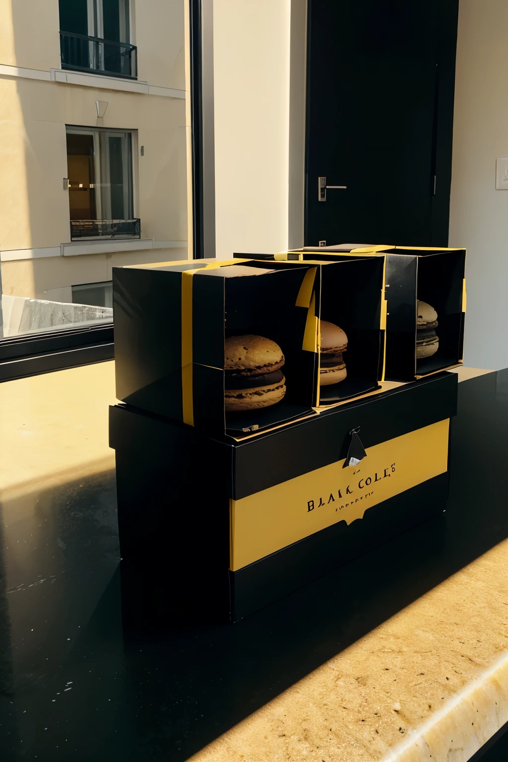 2 bakery gift boxes on top of eachother one black one yellow box. in a photographic angle in sunlight near bakey window which has black theme on a counter with macaroons on side. 2 boxes. no text no label