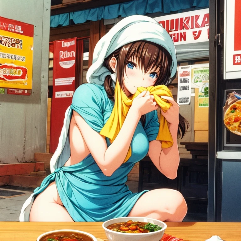 A woman with a towel wrapped around her head eating Indian curry at a food stall Tight clothing highest quality