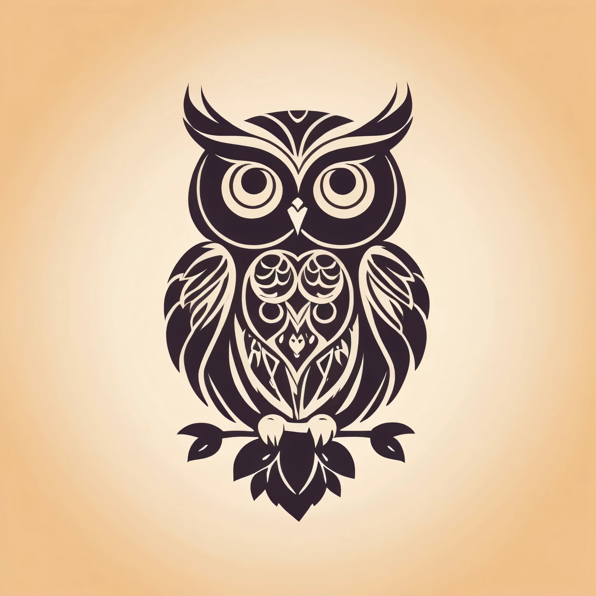 a silhoutte of a logo of owl, bohemein style, flat color, lower details, masterpiece, leaves