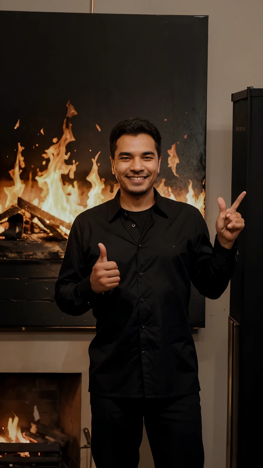 A man in black with a grin, standing with his flicking fingers as the fire start to burn an art canvas beside him in front of the audience.