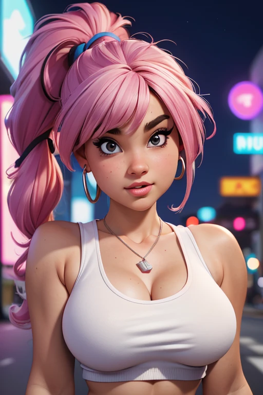 (best quality,4k,highres,ultra-detailed,realistic:1.2), a young girl with enormous  breasts,messy  hair with a pigtail ,  flat abs, fitted white tank top, earrings , necklace out in the street at night, neon lights and advertising, close-up portrait 