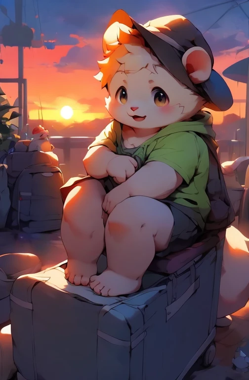 Hamster,big ear,Hoodies,timid,cute,Round,full-body shot,Sunset background,station,Sitting on luggage,masterpiece,high quality,shorts,male,Small,overweight,Wearing a hat,