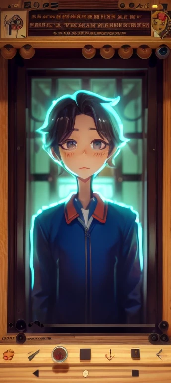 There is a boy sitting in the back of a classroom ( un chico de cabello azul) corte de cabello: medium mullet, el chico tiene ojos grises profundos, cejas rectas, ropa: camisa blanca de vestir,(chico viendo al frente)
