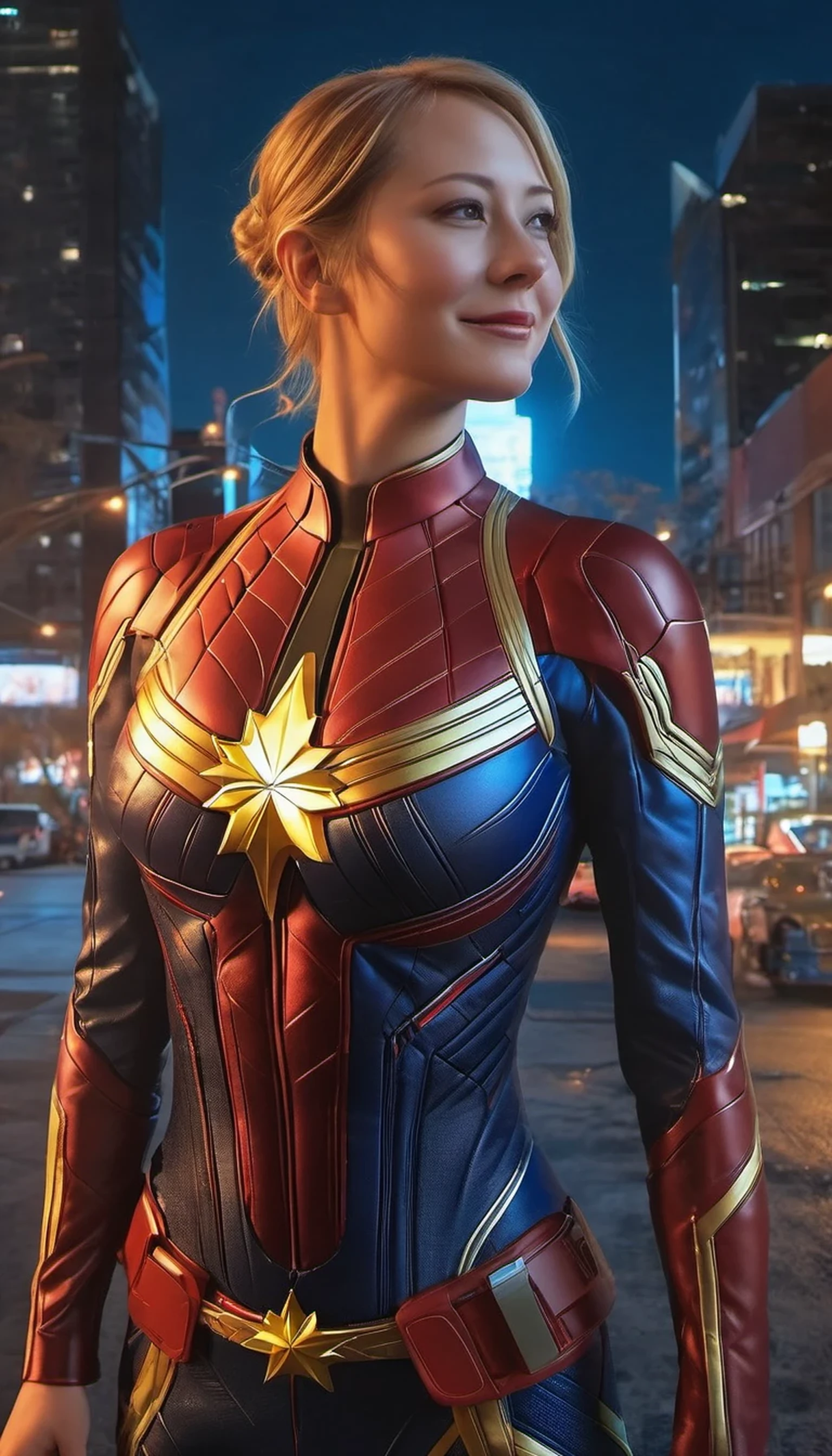 (Highest image quality, realistic depiction),(Body slippery with lotion,sweaty body),a choker,fullnude,(artistic all naked art),Colossal tits,(A beautiful woman expressing Captain Marvel with navy and red body paint,Colossal tits,leg up,),Beautiful neon-lit downtown area with lively nightlife