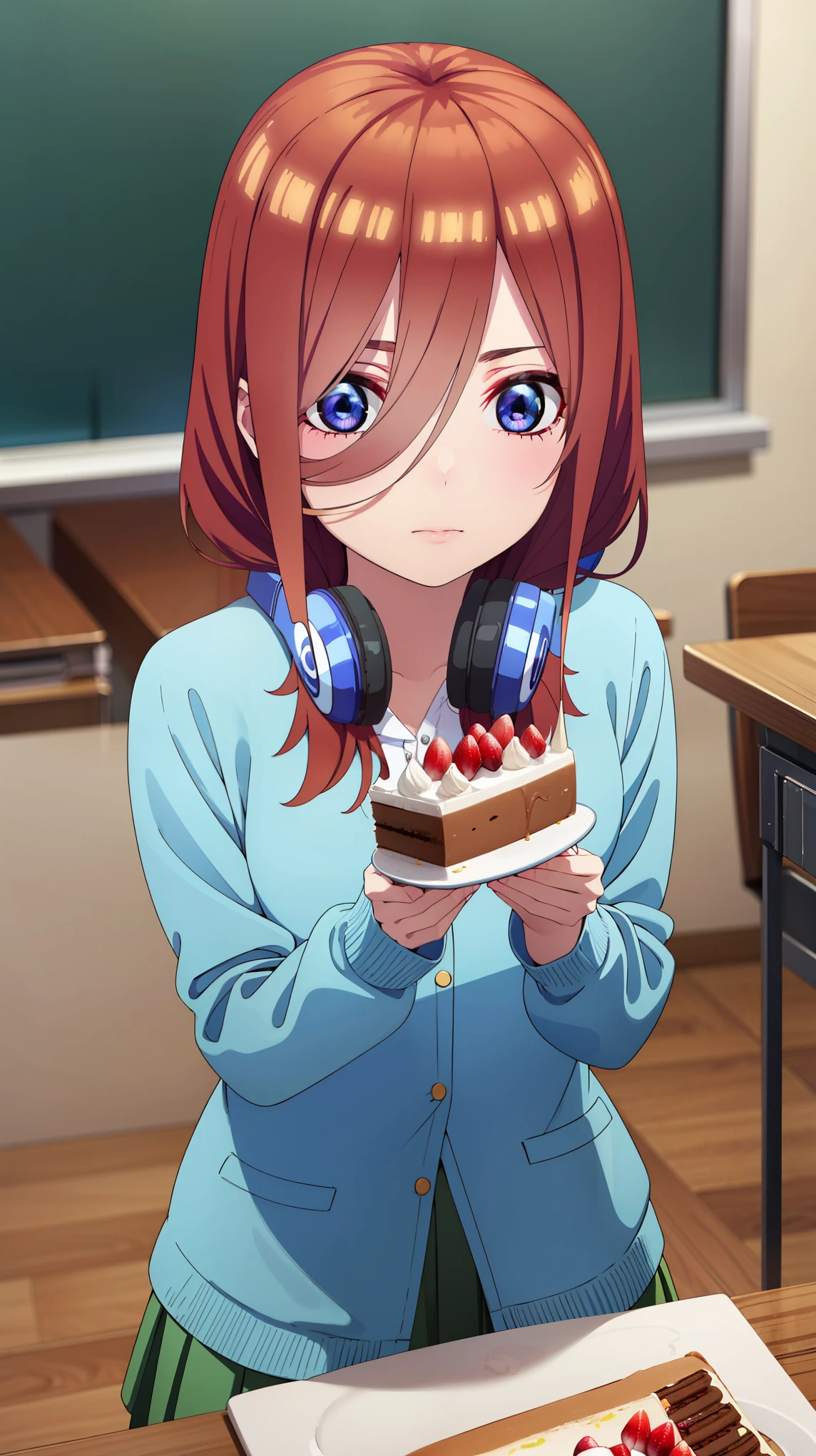 mikunakano, miku nakano, long hair, bangs, blue eyes, brown hair, shirt, hair between eyes, headphones, cardigan, headphones around neck,
BREAK skirt, shirt, long sleeves, white shirt, pantyhose, pleated skirt, black pantyhose, cardigan, green skirt, blue cardigan,
BREAK indoors, classroom,
BREAK looking at viewer,
BREAK (masterpiece:1.2), best quality, high resolution, unity 8k wallpaper, (illustration:0.8), (beautiful detailed eyes:1.6), extremely detailed face, perfect lighting, extremely detailed CG, (perfect hands, perfect anatomy), upper body (holding a piece of cake viewing it to the viewer: 1.5)