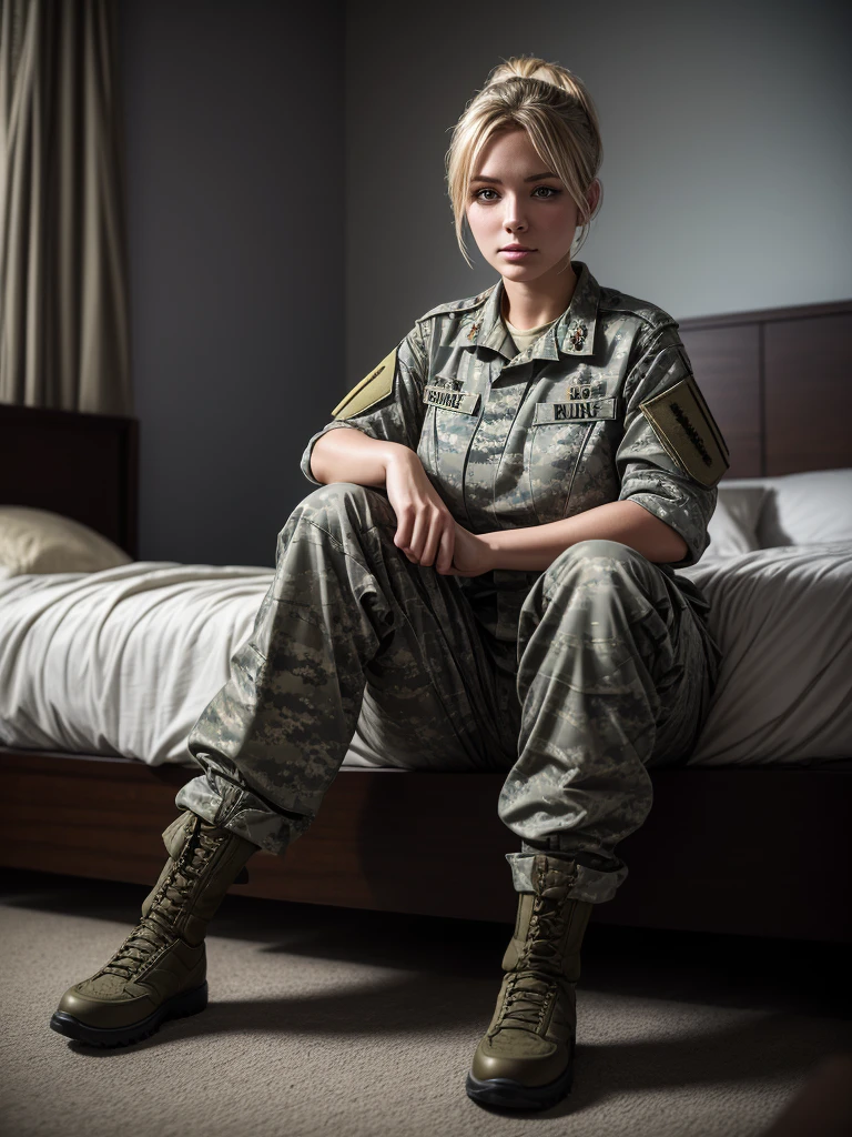 Masterpiece, a Russian 24 years old young female militray conscript at a Russian base in Easterne Europe, She is wearing a Russian pattern camo military pants, a military kaki shirt and military shoes. She is relaxing in a military bedroom with a shower in the background. Her gear is on a bed, she has a beautiful and relaxed face. She has short blonde hair in a ponytail with grey-blue eyes. her skin is pale. relaxed pose, happy expression, relaxing, slightly seductive. there is a woman in a military uniform sitting on a bed, infantry girl, military girl, beautiful female soldier, resting after a hard mission, soldier girl, portrait of cute soldier girl, portrait of soldier girl, mechanized soldier girl, portrait of a female soldier, realistic soldiers, ready for combat, sergey zabelin, infantry girls, soldier, in a soldier uniform, 16K, ultra high resolution photorealistic, UHD, RAW