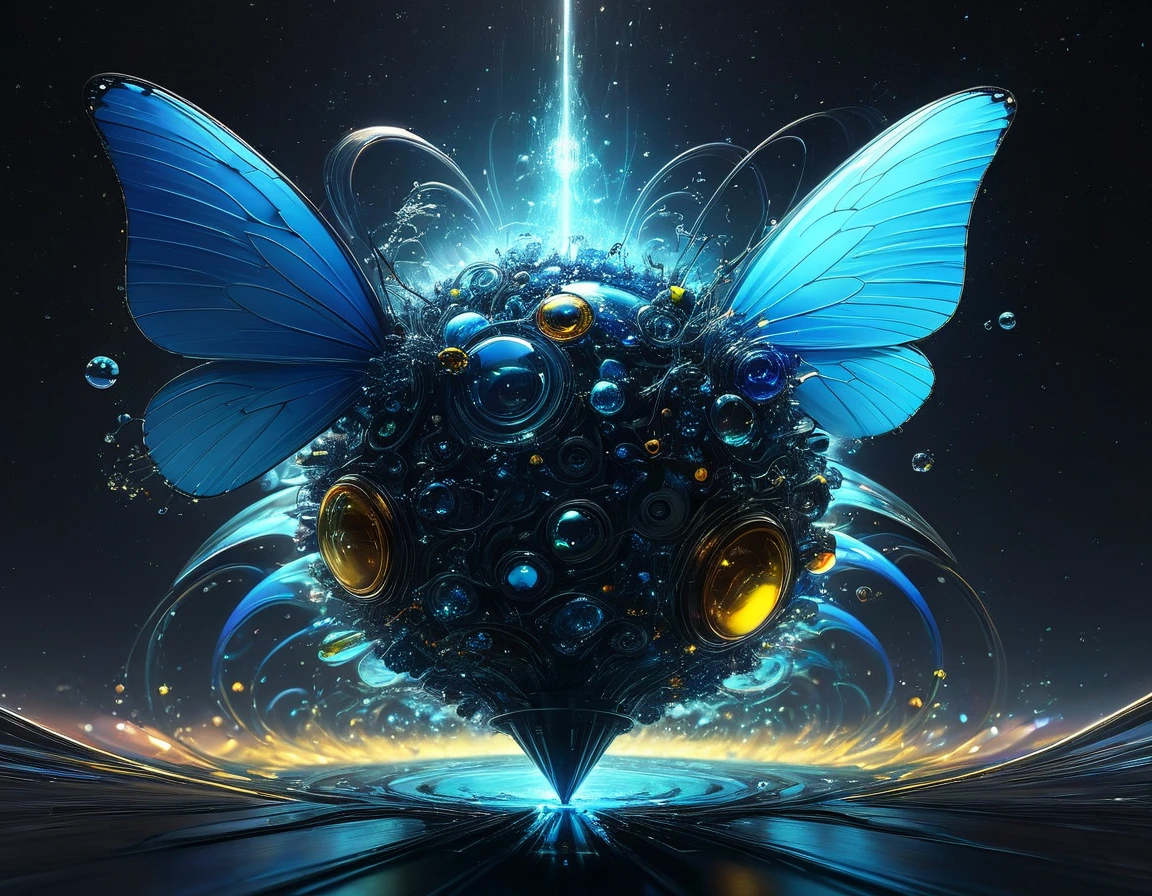 Hyperrealistic octane rendering by Benedick Bana captures glass blue butterflies and convex objects intermingling among fractal planes with multi-colored spirals and metal reflectors, radiating subtle colored light in Miki Asai-inspired macro optics style, outer space with a super highway theme, vanishing point, high-speed feel, trending on ArtStation, ultra HD, vivid colors, digital render, digital painting, influences of Beeple, High Resolution, High Quality, Masterpiece