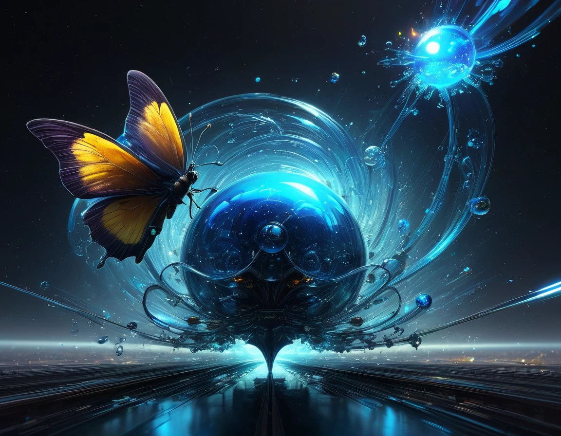 Hyperrealistic octane rendering by Benedick Bana captures glass blue butterflies and convex objects intermingling among fractal planes with multi-colored spirals and metal reflectors, radiating subtle colored light in Miki Asai-inspired macro optics style, outer space with a super highway theme, vanishing point, high-speed feel, trending on ArtStation, ultra HD, vivid colors, digital render, digital painting, influences of Beeple, High Resolution, High Quality, Masterpiece