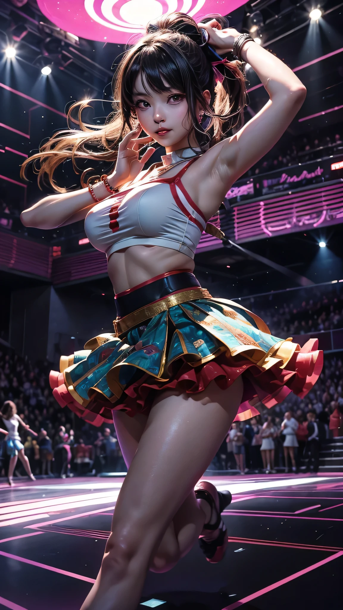Amidst the pulsating energy of a crowded dance floor, the camera spins around a cute anime woman twirling in the center, her movements fluid and graceful. Bathed in dynamic strobe lights that flash in sync with the thumping bass of the music, she exudes an aura of irresistible charm and confidence as she moves to the rhythm of the night.