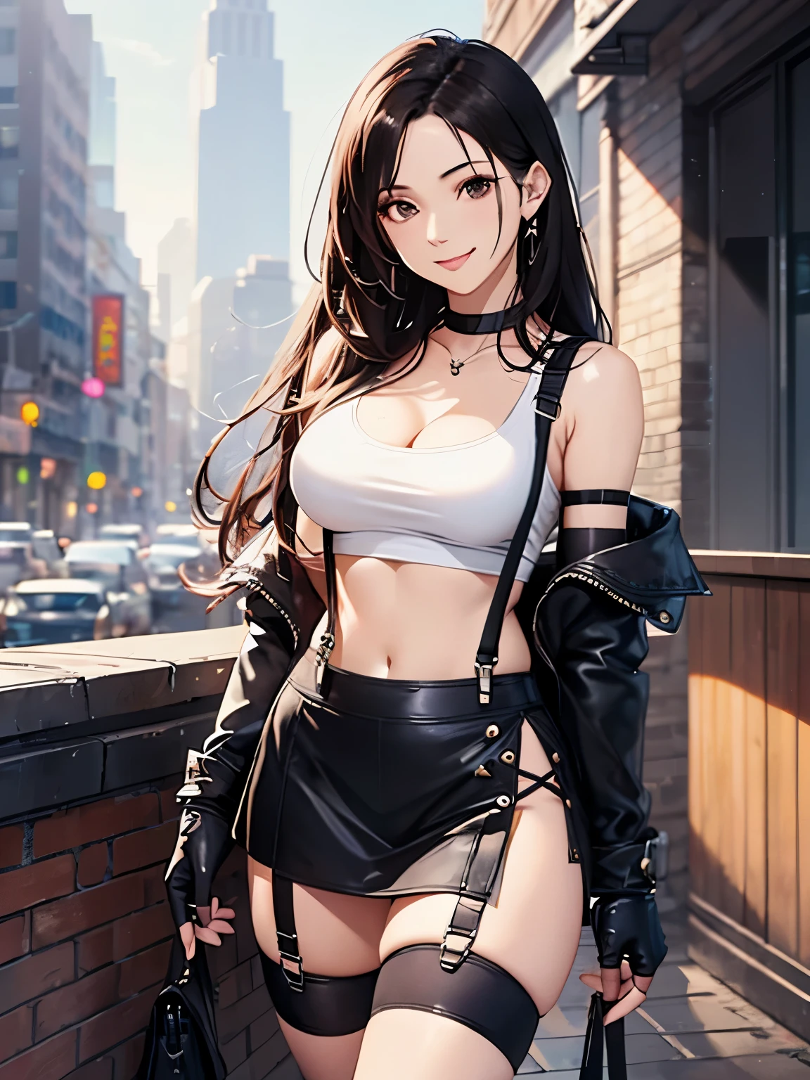8k,masterpiece, bset quality,big, (1 girl), tifa lockhart, red_eyes, black hair, long hair, shiny skin, shiny big, ((best quality)), crisp focus: 1.2, highly detailed face and skin texture, detailed eyes, perfect face, perfect body, art, cg, blur background, big with presence, (20yo, Mature cool and beautiful face), wearing ((suspender black skirt), black elbow gloves, white taut shirt, thigh, white tank top, navel, jukebox, old bar, upper body, smile,