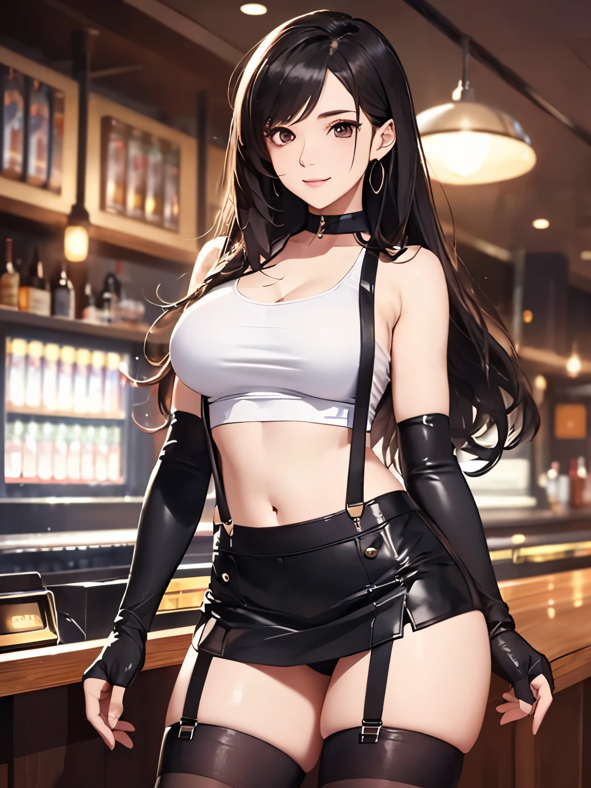 8k,masterpiece, bset quality,big, (1 girl), tifa lockhart, red_eyes, black hair, long hair, shiny skin, shiny big, ((best quality)), crisp focus: 1.2, highly detailed face and skin texture, detailed eyes, perfect face, perfect body, art, cg, blur background, big with presence, (20yo, Mature cool and beautiful face), wearing ((suspender black skirt), black elbow gloves, white taut shirt, thigh, white tank top, navel, jukebox, old bar, upper body, smile,