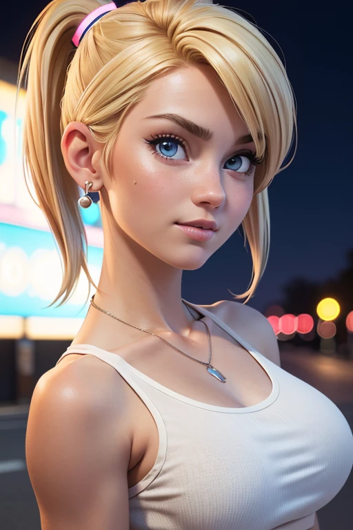 (best quality,4k,highres,ultra-detailed,realistic:1.2), a skinny girl with small breasts,messy hair with a pigtail , thin body , flat abs, flat chest, fitted white tank top, earrings , necklace bracelets out in the street at night, neon lights and advertising, close-up portrait
